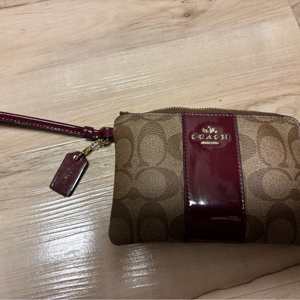 Coach Tan and Burgundy Wristlet